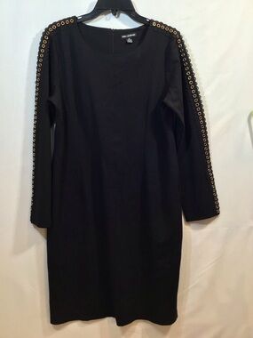 Nina Leonard Black Long Sleeve Sheath Dress with Gold Eyelet Trim